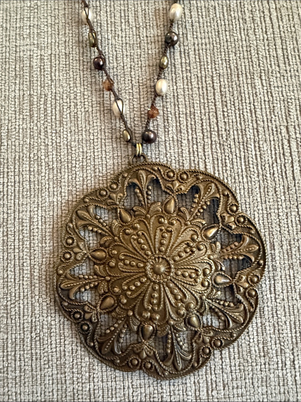 Antique Bronze Filigree Pendant Necklace with Brown and Cream Beads